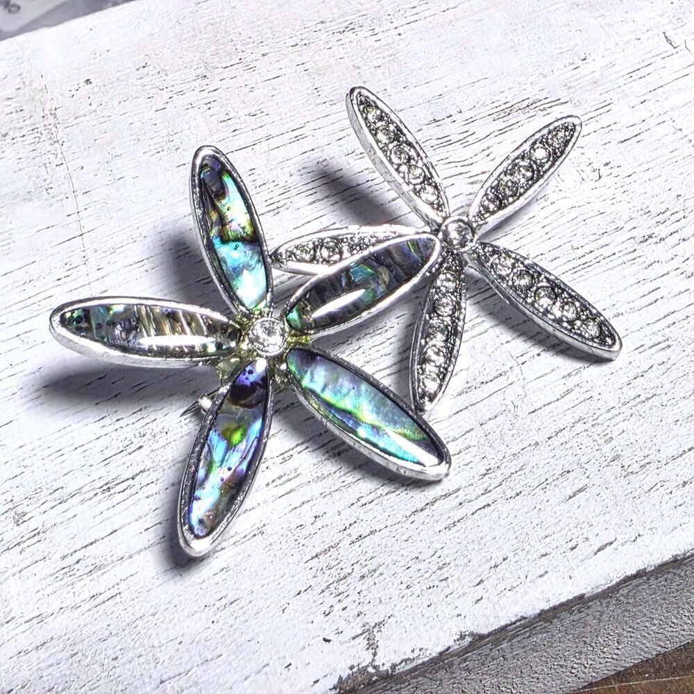 CZ Crystal Flowers Paua Abalone Shell Silver Rhodium Plate Brooch Sweater Pin - Picture 5 of 9